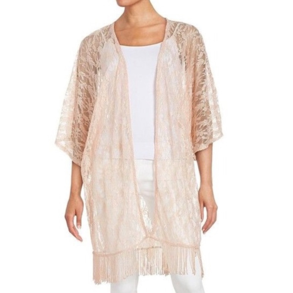 Lace Blush Pink Fringed Kimono Duster